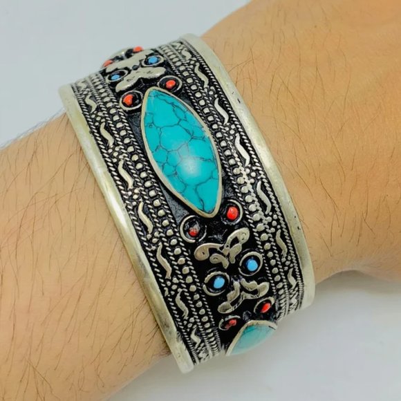 Single Kuchi Tribal Cuff Bracelet: Red Stone Boho Jewelry - Picture 2 of 9